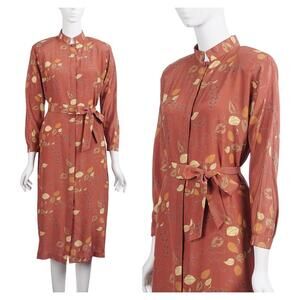 VINTAGE Le Sooik 80s 90s Shirt Dress 6 Brown Print Silk Button Up Tie Belt Shift